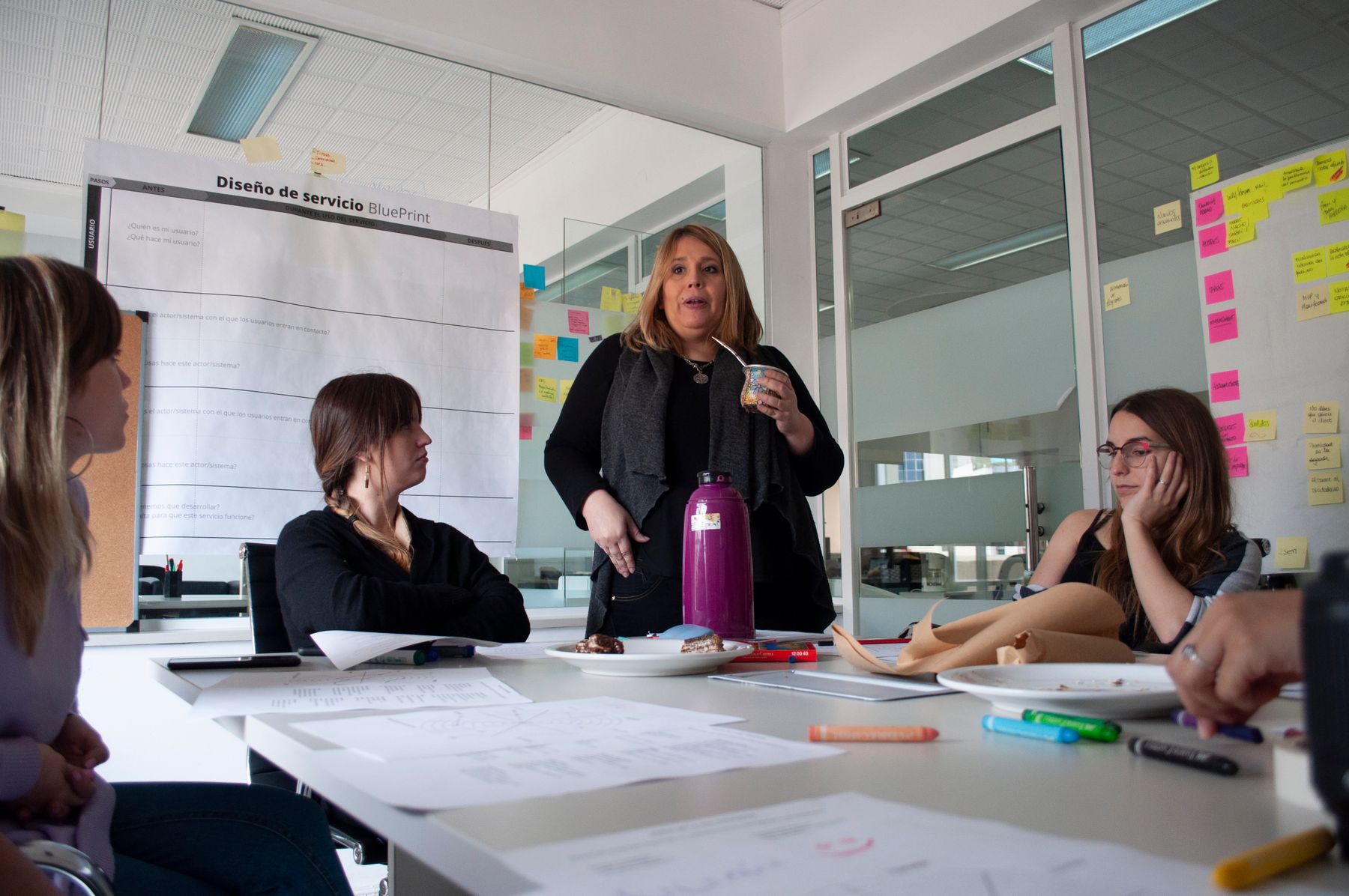 Taller de diseño con un equipo trabajando sobre un mapa de servicio
